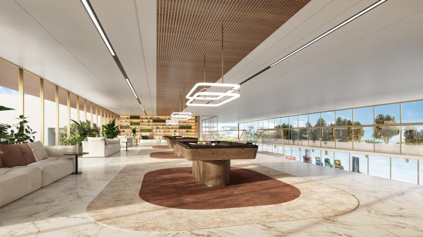 Hall de bureau moderne avec sols en marbre élégants, plafond en bois, meubles élégants et grandes fenêtres offrant une vue sur les arbres verts à l'extérieur, parfait pour les opportunités d'investissement à Dubaï.