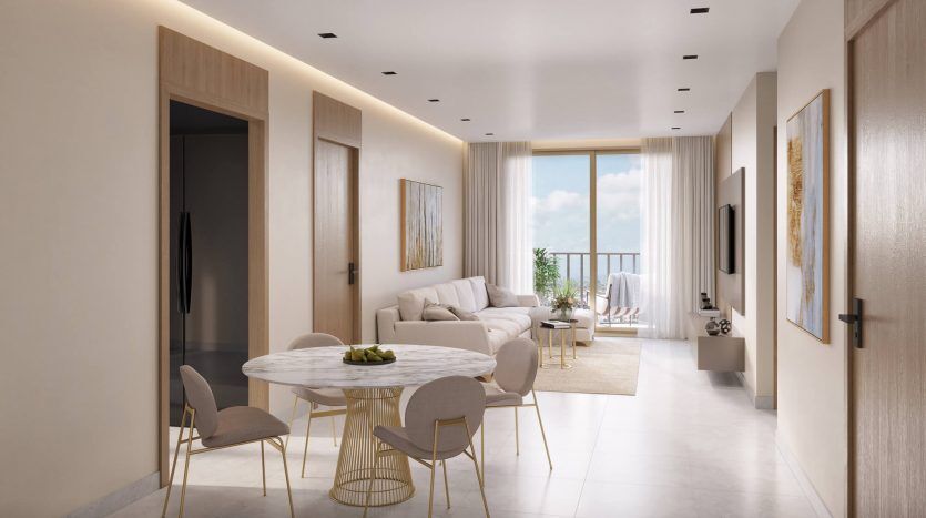 Salon moderne et spacieux avec coin repas, doté d'un mobilier minimaliste, d'une décoration aux couleurs claires, de grandes fenêtres avec vue sur l'océan et d'une lumière naturelle abondante. Idéal pour ceux qui recherchent un investissement à Dubaï.