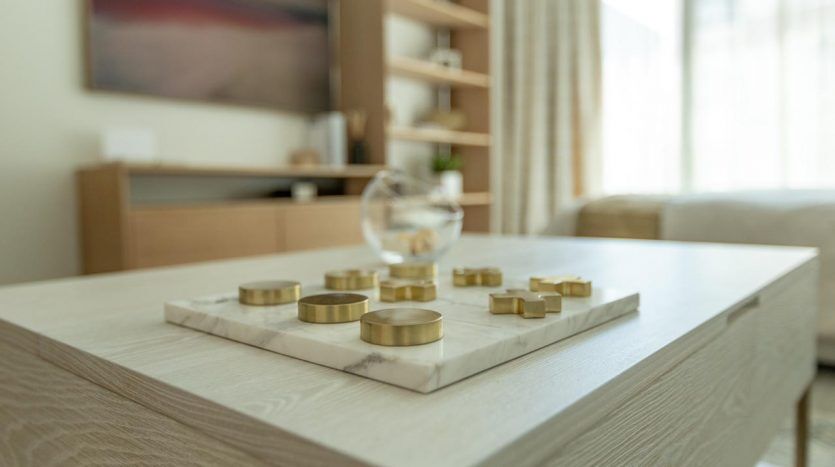 Un plateau en marbre avec plusieurs récipients ronds dorés posés sur une table basse en bois dans un salon moderne avec une douce lumière naturelle filtrant à travers des rideaux transparents, présentant un agencement élégant semblable aux propriétés luxueuses d'une entreprise agricole.