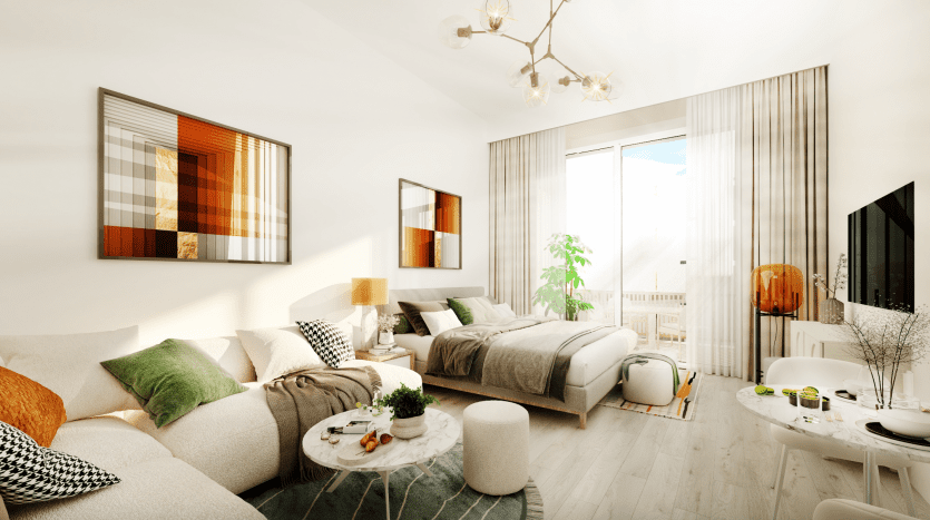 Un studio-villa lumineux et confortable à Dubaï avec un salon moderne comprenant un canapé moelleux, une table basse et un lit adjacent. De grandes fenêtres avec des rideaux transparents illuminent l'espace, complétées par un décor élégant et