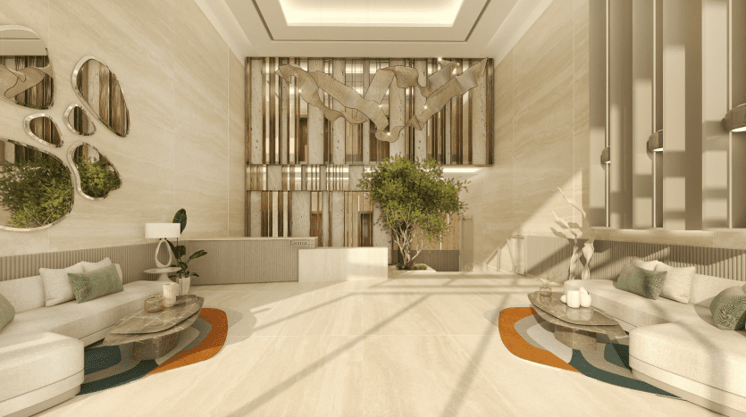 Un hall d'entrée moderne avec de hauts plafonds, présentant une élégante décoration beige et en bois, deux coins salons avec des canapés verts, des plantes en pot centrales et des œuvres d'art murales abstraites. La lumière naturelle rehausse l'atmosphère sereine de ce Dubaï