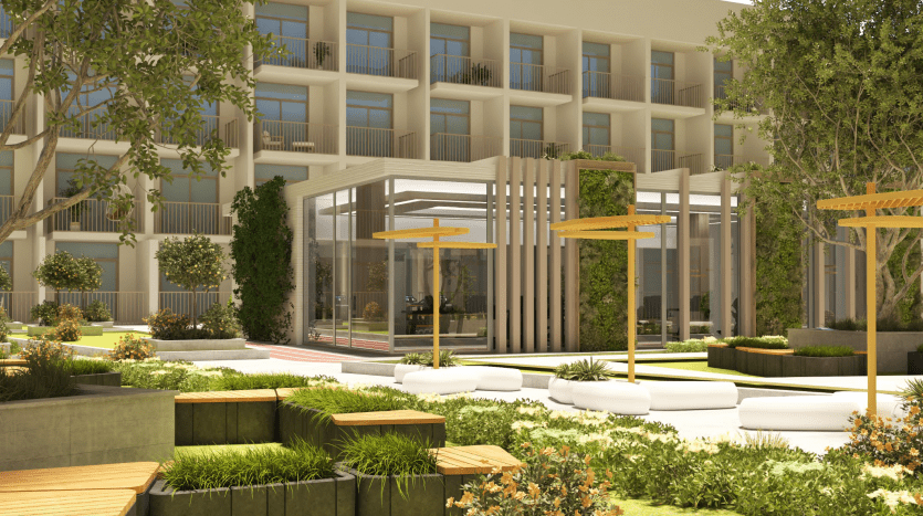 Espace repas extérieur moderne dans une villa de Dubaï avec un pavillon en verre entouré de jardins paysagers, d'arbres et de coins salons, complété par un éclairage et une architecture élégants.