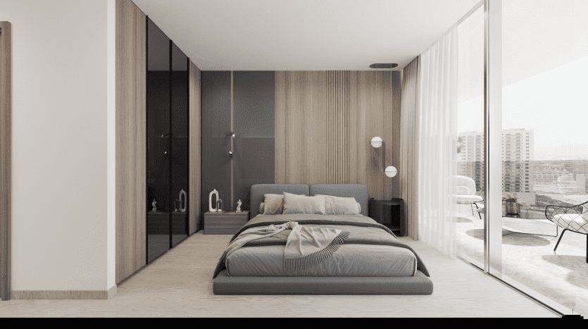 Chambre moderne dans une villa de Dubaï, dotée d'un design minimaliste avec un lit bas, des murs en bois et des baies vitrées donnant sur un paysage urbain. Les tons neutres créent une ambiance tranquille.