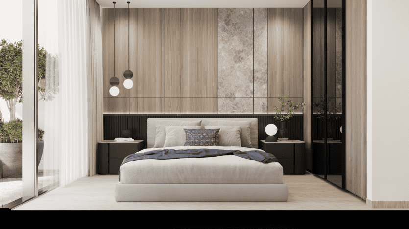 Chambre élégante et moderne dans une villa de Dubaï comprenant un grand lit avec une literie moelleuse, flanqué de panneaux muraux en bois et d'une décoration minimaliste, donnant sur des baies vitrées.
