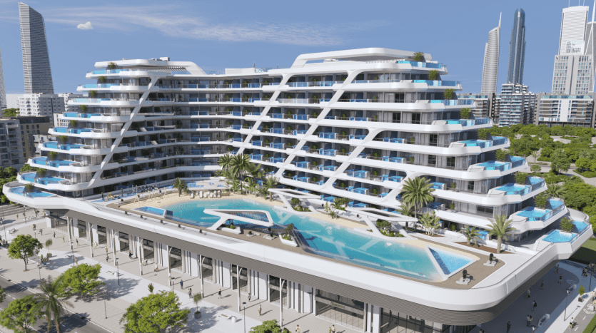 Un appartement moderne et luxueux dans une tour à Dubaï avec des piscines paysagées sur le toit, entourées de palmiers et flanquées de gratte-ciel sous un ciel dégagé.