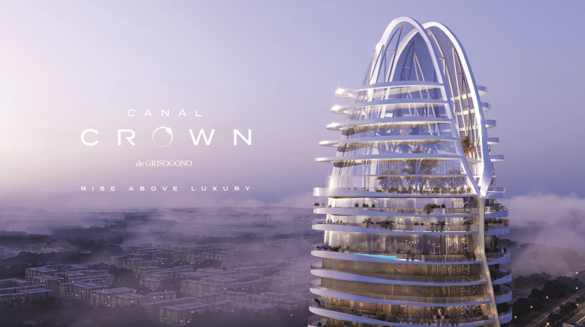 Illustration d'une luxueuse villa à plusieurs étages à Dubaï nommée "Canal Crown de Grisogono" s'élevant au-dessus du brouillard de la ville avec un design élégant et moderne et des terrasses luxuriantes. Texte : "Lève-toi