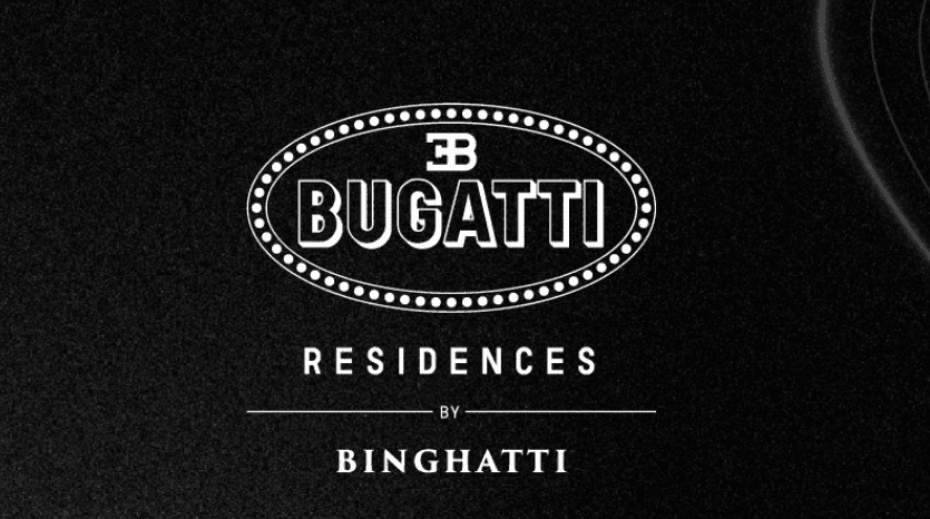 Logo pour Bugatti Residences de Binghatti, comportant l'emblème Bugatti en blanc avec des lignes graphiques élégantes sur fond sombre, symbolisant le luxueux immobilier de Dubaï.