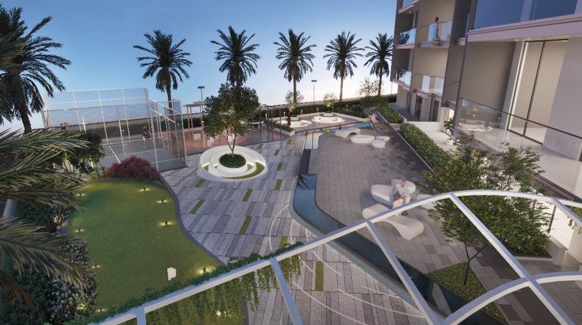 Image rendue d'un jardin sur le toit de Dubaï au design moderne, avec des sentiers pédestres, des coins salons, des palmiers et une verdure luxuriante, vu depuis un balcon incurvé.