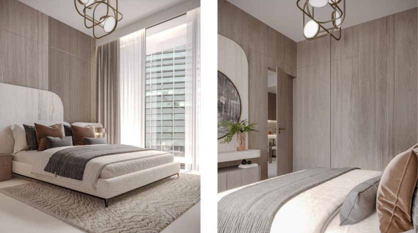 Deux vues d'une chambre moderne dans une villa de Dubaï comprenant un grand lit avec une literie beige et grise, des panneaux en bois sur les murs, une baie vitrée et un élégant luminaire suspendu.