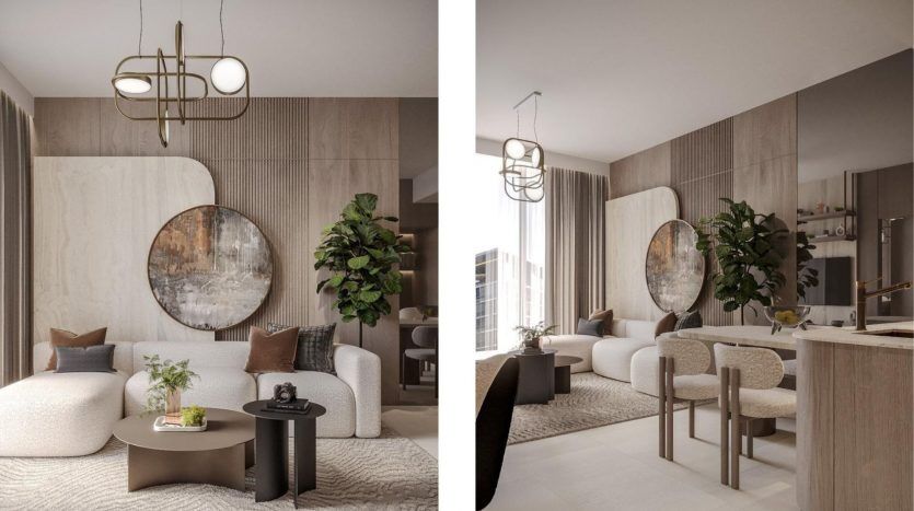 Deux vues d'une villa moderne à Dubaï avec une palette de couleurs neutres, comprenant un miroir rond, des sièges moelleux, des lampes suspendues et des plantes, se transformant en douceur en un espace cuisine ouvert.
