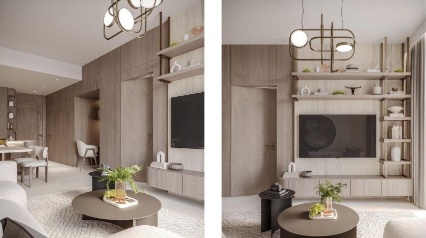 Un salon moderne dans un appartement de Dubaï présentant un élégant thème beige et bois avec une table basse ronde, des sièges confortables, un luminaire suspendu unique et des étagères intégrées décorées.