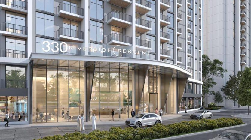 Digital rendering of a modern high-rise residential building at 330 Crescent by the river with pedestrians and cars on a sunny street, highlighting Dubai's investment opportunity.