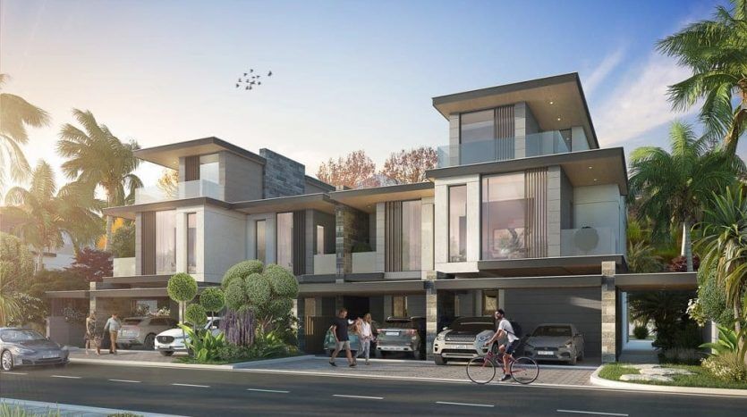 Ilustración de una moderna villa residencial de varias plantas en Dubai, con amplios ventanales y balcones acristalados, rodeada de exuberante vegetación. Se ven personas y coches a lo largo de la calle en un entorno suburbano sereno.