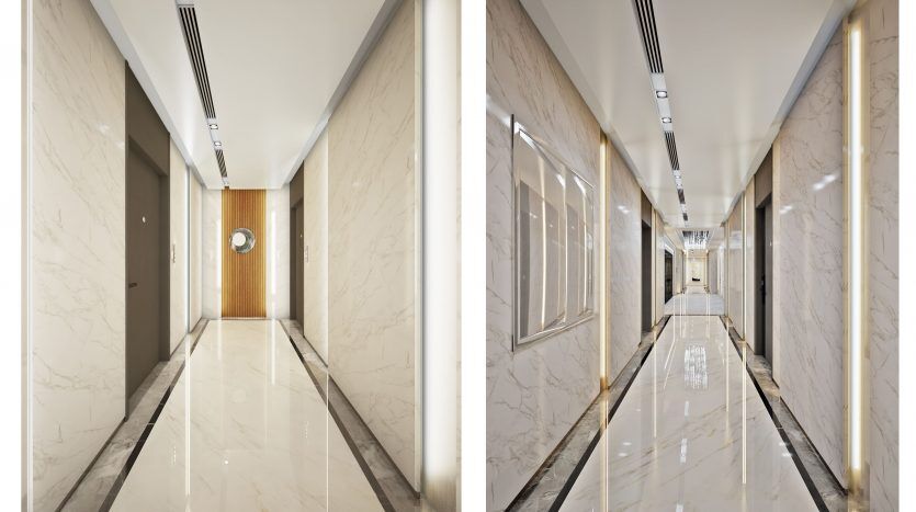 Comparaison côte à côte de deux vues d'un couloir étroit et moderne bordé de murs et de sols en marbre dans une villa de Dubaï, doté de plafonniers encastrés et de portes sur toute sa longueur.