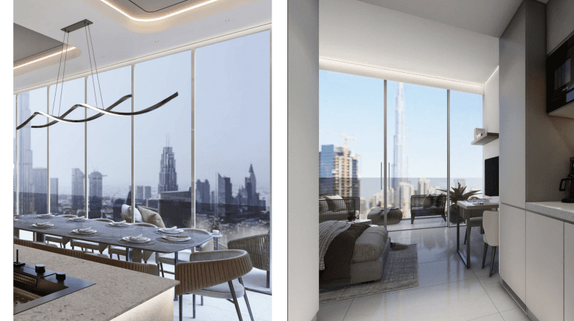 Intérieur d'appartement moderne avec un coin repas donnant sur les toits de la ville à travers de grandes fenêtres à gauche et une cuisine élégante menant à un salon avec vue urbaine sur la droite à Dubaï.