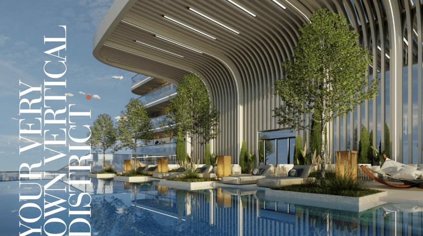 Conception architecturale moderne d'une oasis urbaine verticale avec une piscine, des arbres et des coins salons élégants sous un vaste toit incurvé avec de grands panneaux de verre, surplombant le paysage urbain de Dubaï.