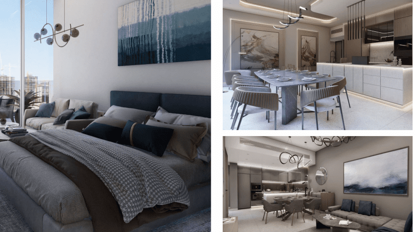 Collage de trois intérieurs modernes dans un appartement de Dubaï : une chambre avec un grand lit et des œuvres d'art abstraites, un coin repas avec une table élégante et une cuisine avec des luminaires contemporains et un coin repas