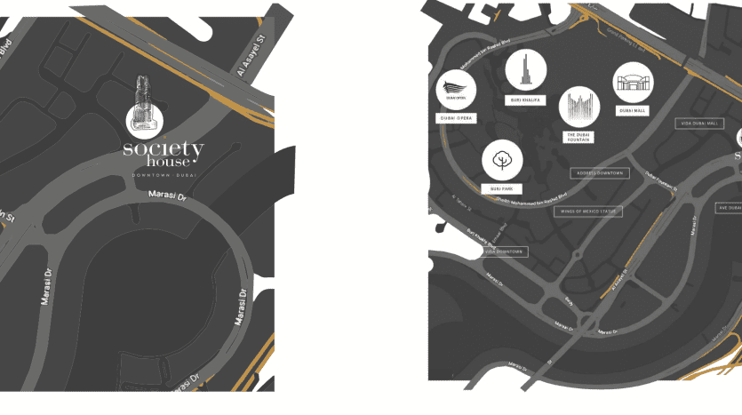 Illustration d'une carte stylisée d'une maison de société à Dubaï, montrant les sentiers, les routes et les icônes de lieux clés comme un restaurant, un point de rencontre et des aires de stationnement dans des tons gris et noirs.