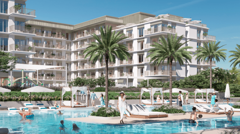 Un complexe luxueux avec des bâtiments blancs modernes entourés de palmiers, doté d'une piscine animée où les gens nagent, bronzent et se promènent. Une journée lumineuse et ensoleillée rehausse le décor tropical. Idéal pour