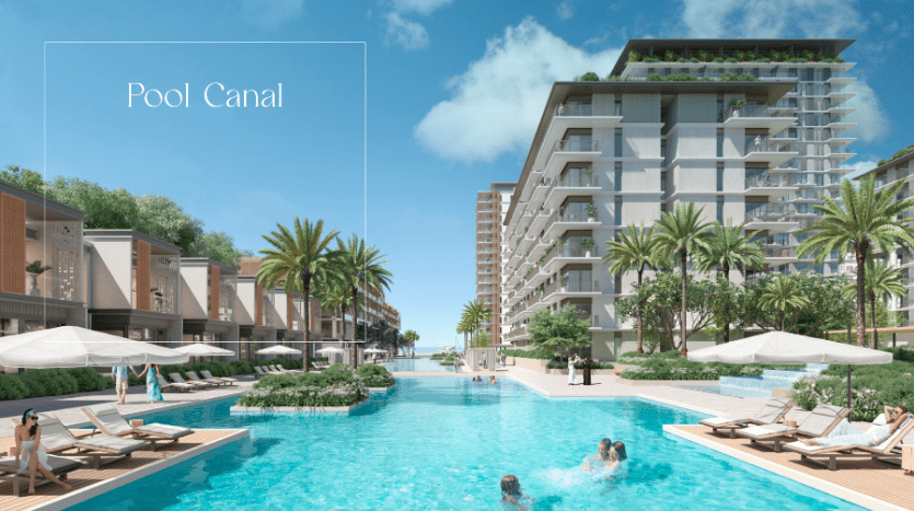 Illustration d'un canal de piscine luxueux entre deux immeubles de villas modernes à Dubaï avec des gens nageant et se relaxant sur des chaises longues, entourés de palmiers luxuriants sous un ciel clair.