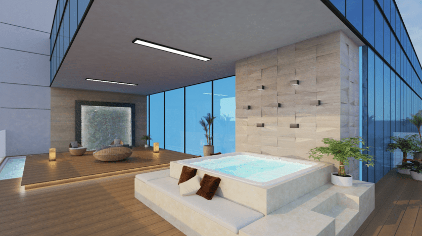 Une luxueuse salle de spa intérieure moderne dotée d'un grand jacuzzi, de murs en pierre, de sièges moelleux et de grandes fenêtres offrant une vue sur un cadre extérieur serein dans une villa exclusive de Dubaï.