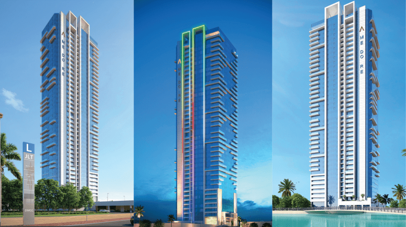Trois perspectives d'un gratte-ciel moderne à Dubaï à différents moments : vue de jour montrant son design élégant, vue de nuit avec des accents d'éclairage au néon et une autre vue de jour sous un angle opposé près d'un plan d'eau réfléchissant