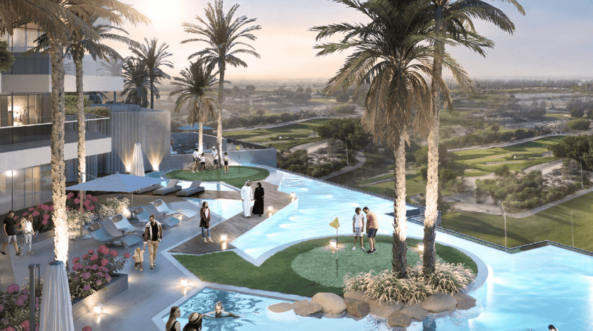 Un espace aquatique luxueux avec des personnes profitant du temps ensoleillé, avec plusieurs piscines entourées de palmiers, une architecture moderne et un paysage luxuriant en arrière-plan, incarnant parfaitement les offres immobilières exclusives typiques.