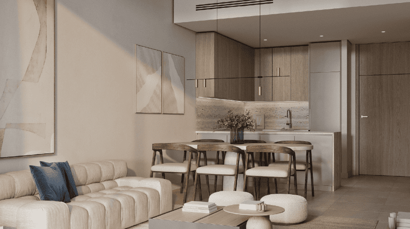 Cuisine et salle à manger modernes aux tons neutres, comprenant une élégante table à manger en bois, des chaises assorties et un canapé beige confortable. Des œuvres d'art élégantes et des luminaires contemporains complètent le décor minimaliste conçu pour un investissement