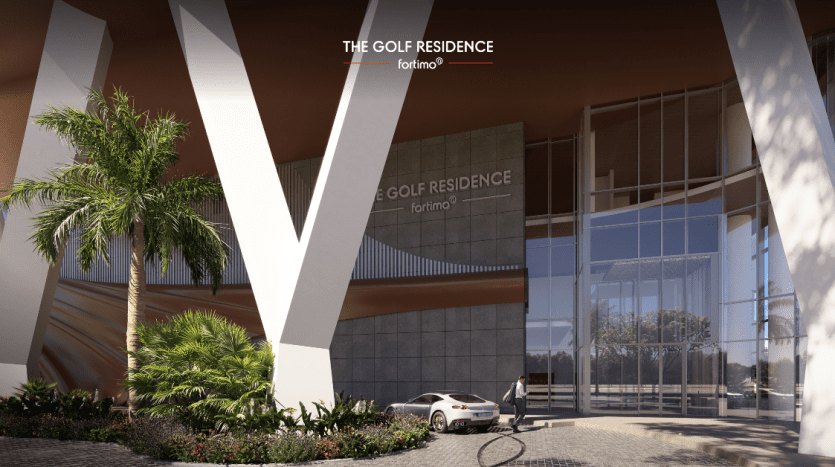 Rendu architectural 3D d'une entrée de villa moderne à Dubaï intitulée "The Golf Residence" avec de grandes colonnes, des plantes tropicales, une voiture garée et un ciel bleu clair au-dessus.