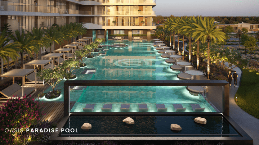 Une luxueuse piscine à débordement d'hôtel à Dubaï illuminée au crépuscule, entourée de palmiers et de chaises longues, avec une vue sur l'architecture moderne en arrière-plan.