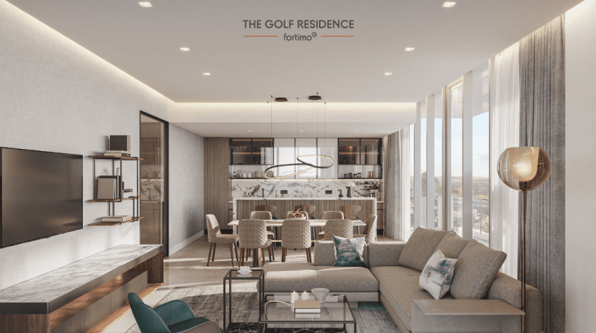 Salon moderne et luxueux dans un appartement de grande hauteur comprenant un coin salon luxueux, un ensemble de salle à manger élégant et une cuisine ouverte, avec de la lumière naturelle entrant à travers les baies vitrées. Idéal pour investissement
