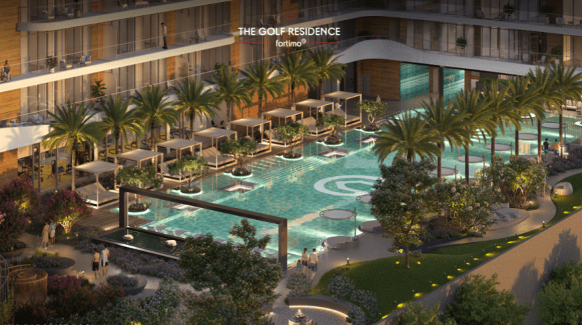 Un rendu illustré d'un complexe résidentiel luxueux à Dubaï au crépuscule, comprenant une grande piscine entourée de chaises longues et un bâtiment moderne avec des balcons donnant sur la piscine.