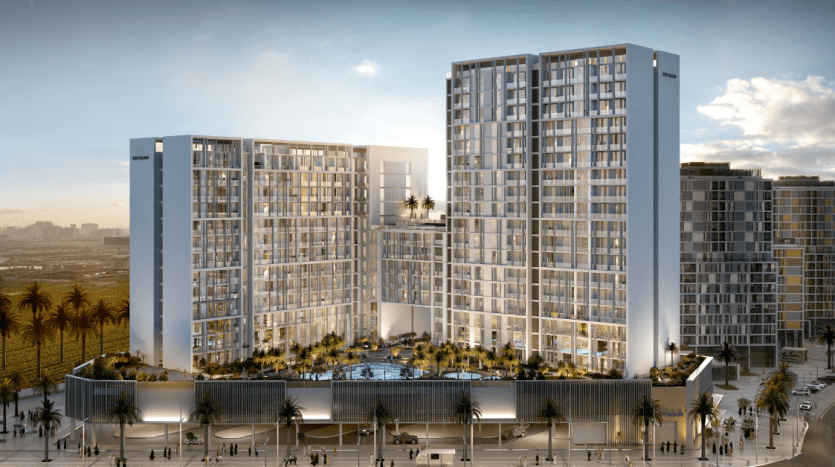 Un rendu numérique d'un complexe d'appartements moderne et luxueux à Dubaï avec des tours de verre, une piscine sur le toit et une scène de rue animée au coucher du soleil.
