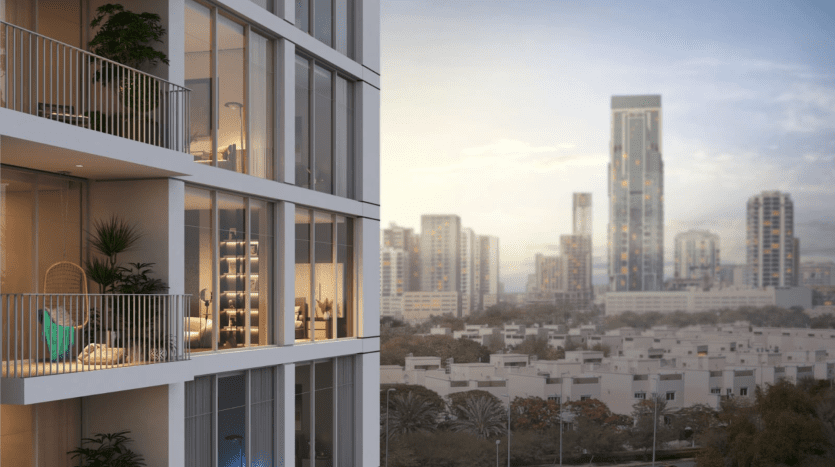 Image divisée montrant des scènes urbaines contrastées : à gauche, un appartement moderne de grande hauteur à Dubaï avec un balcon détaillé au crépuscule ; à droite, une vue d'un quartier résidentiel peu élevé au coucher du soleil.