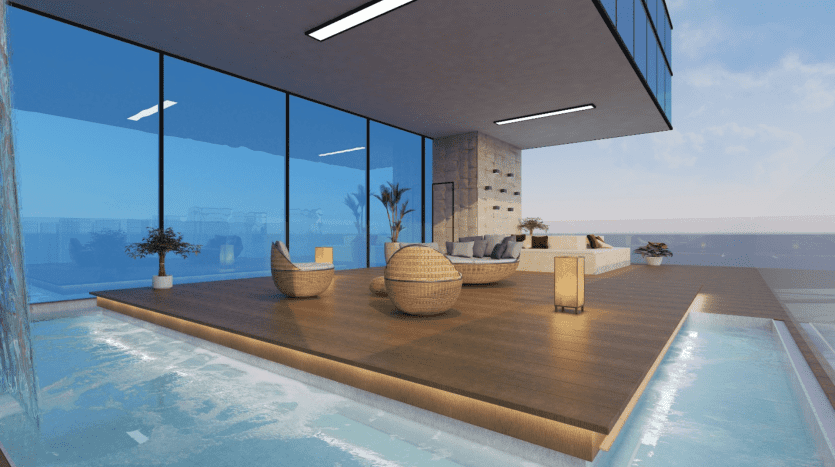 Toit-terrasse moderne dans une villa de Dubaï avec piscine à débordement, mobilier élégant et grandes fenêtres donnant sur la mer. L'espace est agrémenté de plantes en pot et de paniers tressés.