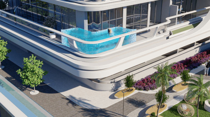 Vue aérienne d'une villa moderne à Dubaï avec une piscine extérieure à fond de verre dépassant du trottoir, entourée d'une verdure luxuriante et de plantes à fleurs.