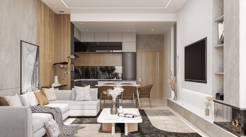 Salon moderne dans une propriété de Dubaï avec une palette de couleurs beige et blanche, comprenant un canapé, une cheminée, une télévision à écran plat et un coin repas en arrière-plan. Intérieur élégant et minimaliste