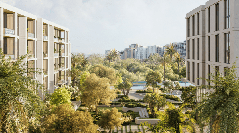 Un complexe résidentiel moderne à Dubaï, entouré d'une verdure luxuriante, composé de deux grands immeubles d'appartements donnant sur un jardin central avec des palmiers et une piscine.