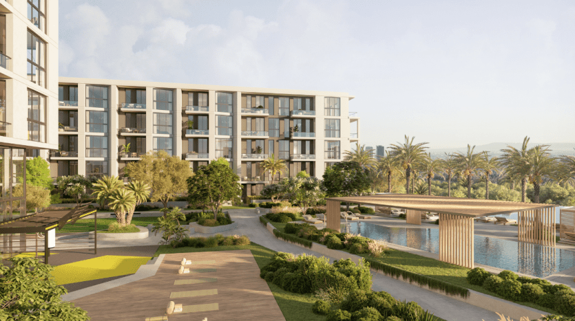 Illustration d'une luxueuse villa à Dubaï à l'architecture moderne entourée de jardins paysagers, de palmiers et d'une piscine, représentant un cadre de vie serein et haut de gamme.