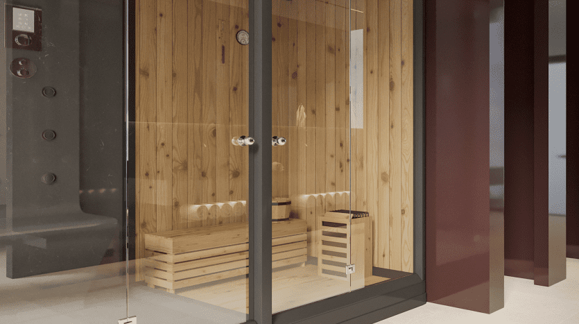 Un sauna moderne dans une villa à Dubaï avec des bancs et des murs en bois, doté d'une porte vitrée et d'une douche adjacente, situé dans un espace élégamment décoré avec un éclairage chaleureux.