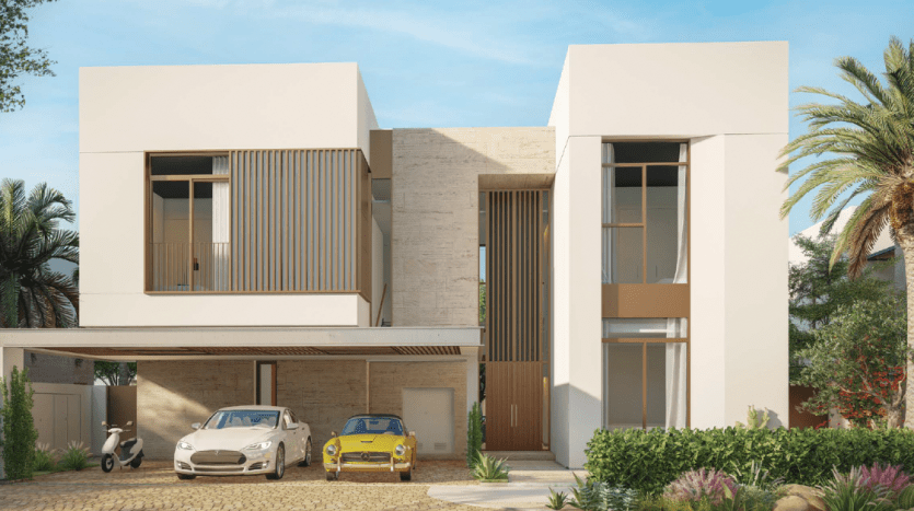 Une maison moderne à deux étages à Dubaï avec une façade en pierre, des murs blancs et des touches de bois, comprenant un garage avec une voiture blanche et une voiture de sport jaune, entourée de palmiers et d'arbustes luxuriants