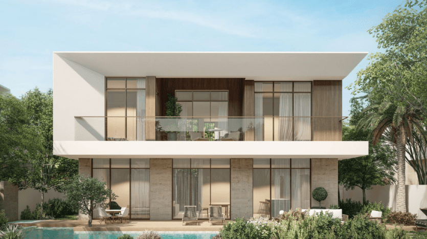 Maison moderne à deux étages avec un toit plat, de grandes portes vitrées, des boiseries et un balcon, entouré d'une verdure luxuriante et d'une petite piscine devant. Idéal comme propriété d'investissement à Dubaï