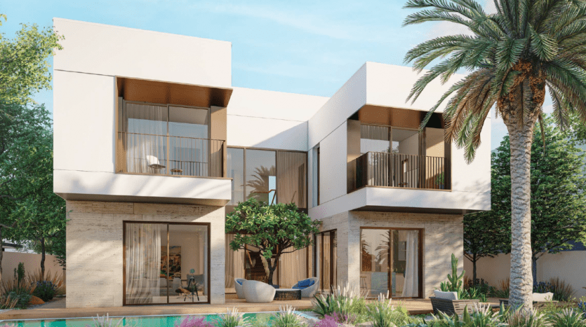 Villa moderne de deux étages à Dubaï avec un design géométrique, de grandes fenêtres et des balcons, entourés de palmiers et d'une petite piscine dans un cadre ensoleillé.