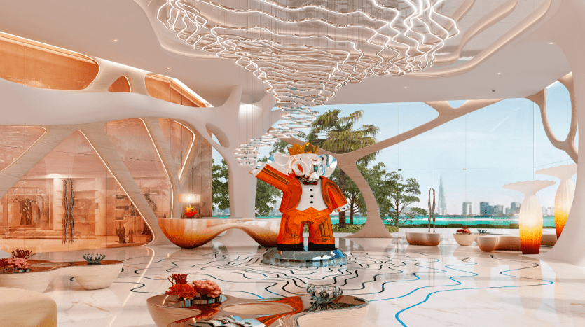 Hall d'entrée luxueux avec des éléments modernes et sculpturaux en blanc et en bois, un plafonnier complexe et une sculpture de tigre colorée entourée de coins salons. De grandes fenêtres offrent une vue sur la ville de Dubaï.