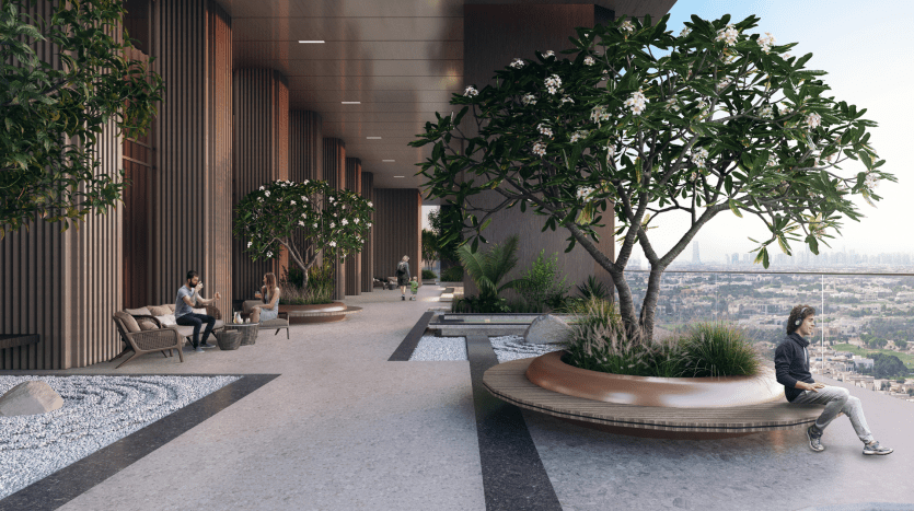 Terrasse intérieure moderne dans un luxueux appartement de Dubaï avec de grandes fenêtres, des jardinières en bois avec des arbres et des bancs incurvés. Des gens assis et profitant de la vue sur le paysage urbain dans un cadre tranquille et imprégné de nature.