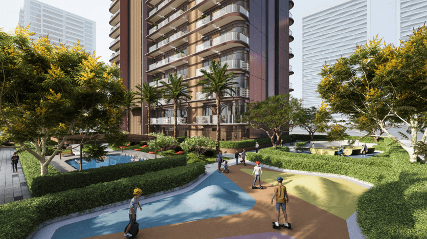 Un rendu architectural 3D d'une villa résidentielle moderne à Dubaï comprenant une cour luxuriante avec une piscine, des jardins animés et des personnes profitant d'activités de plein air.