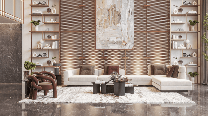 Un salon moderne dans un appartement de Dubaï avec des canapés beiges, un fauteuil rouge et une table basse centrale noire. Le mur du fond est recouvert d'un motif décoratif marron avec des étagères contenant divers décors.