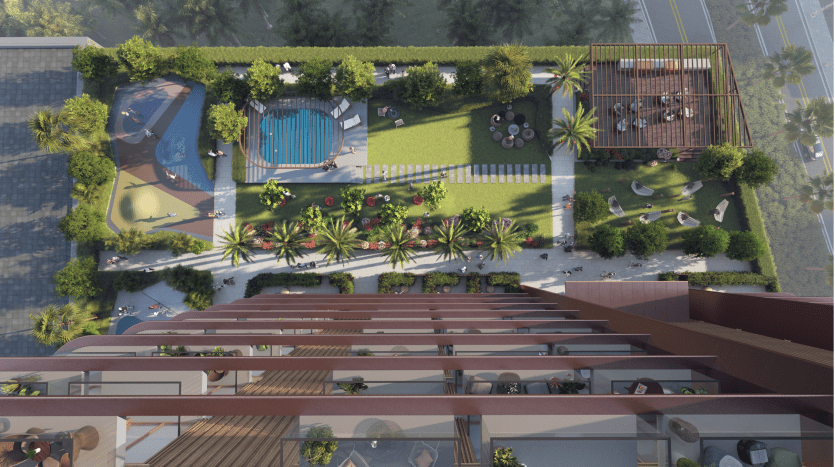 Vue aérienne d'un luxueux jardin sur le toit de Dubaï comprenant plusieurs sections, dont une piscine, des salons et une verdure luxuriante, le tout entouré d'immeubles de grande hauteur.