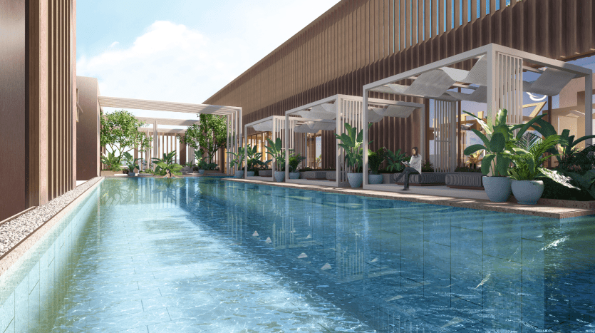 Piscine de complexe moderne entourée de plantes vertes luxuriantes et d'une architecture élégante à Dubaï, avec des poutres en bois au-dessus et des espaces de détente de chaque côté.