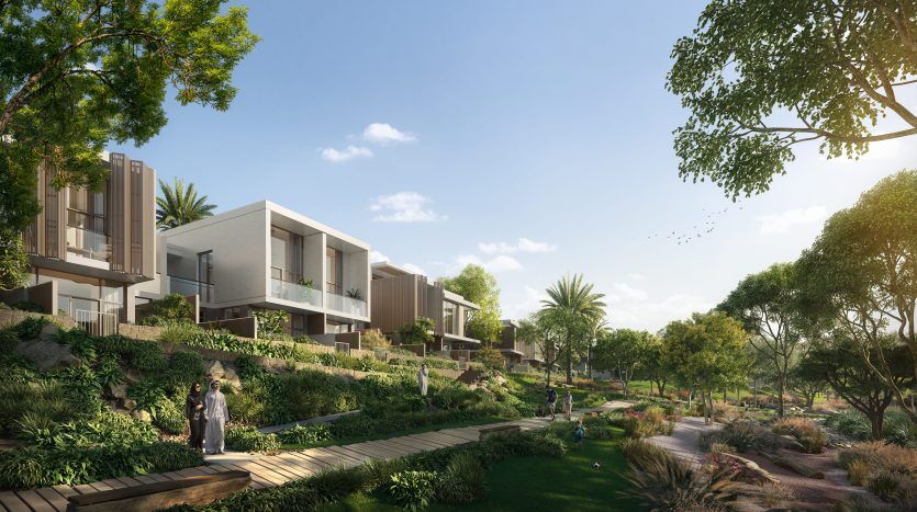 Représentation artistique d'un quartier résidentiel moderne de Dubaï avec des maisons élégantes au milieu de jardins luxuriants, reliés par une allée en bois, sous un ciel clair et ensoleillé. On peut voir des gens marcher tranquillement et converser
